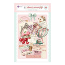 Packaging of cherry sweet by cherry sweet with illustrations and text on a pink background