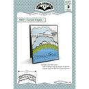 Card with curved edges die set by Karen Burniston on a branded packaging background