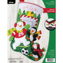 Bucilla Soccer Snow Day felt Christmas stocking kit with snowman, penguins, soccer goal and soccer balls