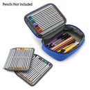 Blue pencil case with colorful pencils on a white background
