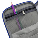 Gray pouch with a zipper and mesh pocket containing a purple pencil and green eraser.