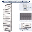 Yarn storage shelves with dimensions and features on a white background