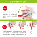 Instructions for using a marker with text and images of hands shaking and priming the marker.