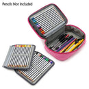 Pink and gray pencil case with various pens and pencils on a white background