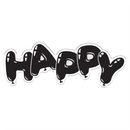 Black 'HAPPY' text on a white background