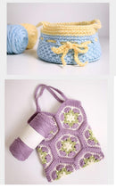 Crocheted bag with floral patterns and yarn on a light background