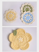 Three crocheted flower patterns on a light gray background