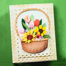 Decorative card with a basket of flowers on a green background