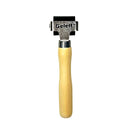 Rubber stamp with wooden handle and metal head on a white background