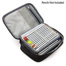 Pencil case with colored pencils inside on a white background