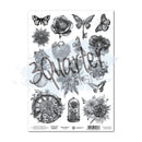 Sheet of decorative stamps with floral and butterfly designs on a white background.