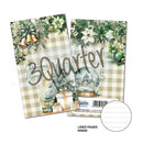 Two notebook covers with Christmas-themed designs featuring trees, presents, and snow globes on a white background.