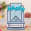Anniversary card with blue and white design, featuring the word 'Happy' and a gift box.