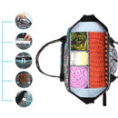 Multicolored craft bag with compartments containing yarn and knitting tools on a white background