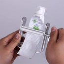 Metallic paper towel holder with a roll of paper towels being pulled out, against a plain background.