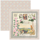 Decorative paper sheet with floral design and scenic illustration on a white background