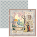 Romantic scene with a couple under a cherry blossom tree, framed by decorative elements.