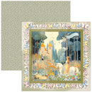 Framed artwork of a fairy tale scene with a castle, fairy, and white horse surrounded by butterflies.