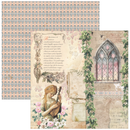 Decorative paper with a fairy playing a violin, floral elements, and architectural design.