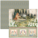 Fantasy scene with a mermaid sitting by a pond, surrounded by flowers and butterflies, with decorative borders.