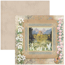 Decorative paper with a scenic landscape, flowers, and a guitar on a textured background