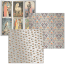 Set of cards with illustrations of a knight, unicorn, and other characters, featuring intricate patterns on a white background.