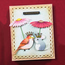 Greeting card with bird and mouse couple, flowers, and 'Congratulations' text on a red background.