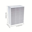 White storage unit with grid design and dimensions on a white background