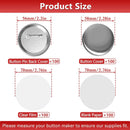 Product size chart for button pins, covers, and films with measurements.