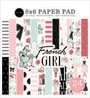 Carta Bella French Girl 6x6 paper pad cover showing Parisian patterns in blush pink, black, cream and pale aqua with bicycles, dresses, bows and Eiffel Towers
