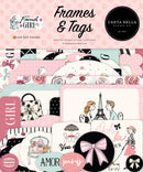 Carta Bella French Girl Frames and Tags die cuts with pink, black, cream and pale aqua Paris-themed ephemera including bows, cafes, Eiffel Tower scenes and feminine frames