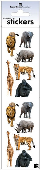 Product image of paper house safari animals stickers featuring safari animal stickers with lion, elephant, rhino, giraffe and tiger.