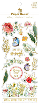Product image of paper house bloom where you are planted foil stickers featuring botanical foil stickers with flowers, leaves and inspirational quotes.