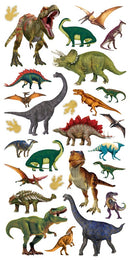 Product image of paper house dinosaurs decorative stickers featuring dinosaur stickers with T-Rex, triceratops, stegosaurus and footprints.