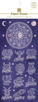Product image of paper house astrology foil stickers featuring astrology foil stickers with zodiac wheel and celestial symbols.