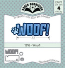 Karen Burniston Woof! die set packaging with dog-themed sentiment and paw print elements.