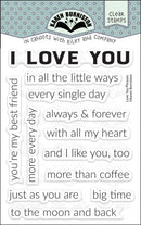 Karen Burniston Love You Phrases clear stamps packaging with affectionate greetings and card sentiments.