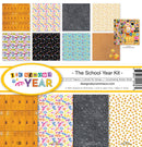 Reminisce The School Year 12x12 collection kit with 8 papers and coordinating sticker sheet featuring lockers, confetti, doodles, emojis and graduation accents