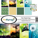 Reminisce New Beginnings 12x12 collection kit with 8 papers and coordinating sticker sheet in fresh green, teal, yellow and sky blue botanical designs