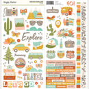 Simple Stories Open Road 77-piece cardstock icon sticker sheet with cameras, maps, mountains, cacti, camper vans, butterflies, luggage, road signs and travel phrases