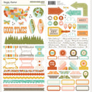 Simple Stories Open Road 89-piece basics cardstock sticker sheet with labels, tabs, arrows, USA map, globe, forest border, map pins, road strips and travel phrases