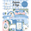 Flower Shoppe frames and tags ephemera with blue hydrangeas and decorative labels