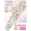 Memory Place Happy Birthday ticket ephemera with pastel rabbits, teddy bears, floral cakes and vintage ticket artwork