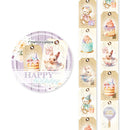 Memory Place Happy Birthday washi tape featuring pastel vintage tag designs with rabbits, teddy bears and cakes