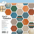 12x12 patterned cardstock with blue, teal and rust geometric designs