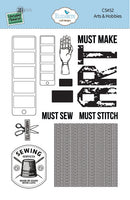 Arts and hobbies clear stamp set with sewing labels, scissors, thimble and knitting texture background