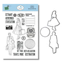 Travel stamp and die set with vintage travellers, globe and luggage tags