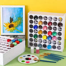 Art supplies including paint bottles, brushes, and a painted sunflower on a yellow background