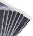 Clear plastic sleeves with black backing on a white background