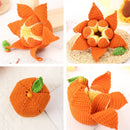 Four different views of a crocheted orange fruit with green leaves on a light background.